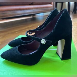 Kate Spade Marcy Suede leather Logo Mary Jane Angled Block Heel Pumps